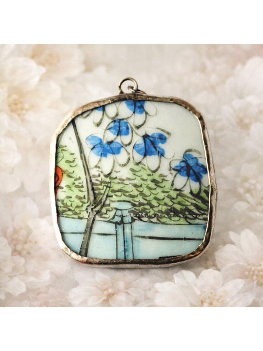 Vintage Hand-Painted Porcelain Pendant Blue Floral Scene Silver Tone Frame